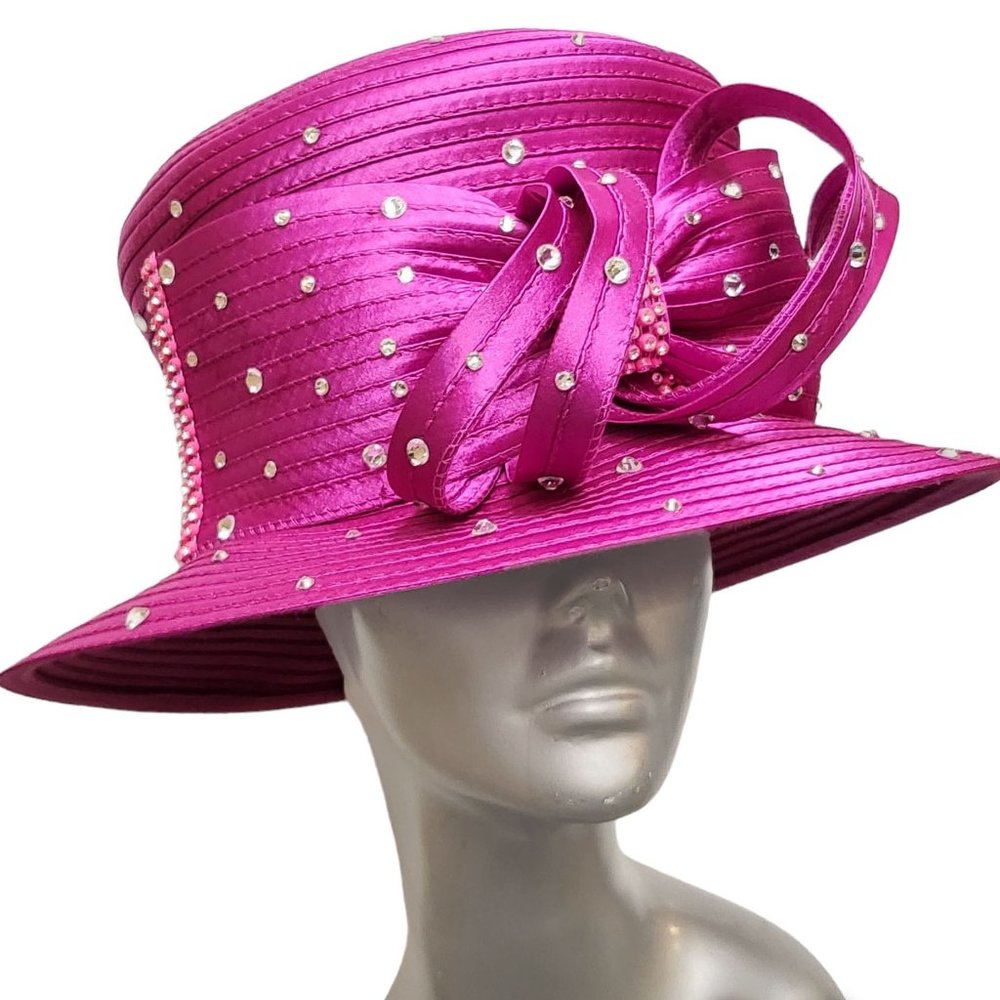 Women's designer couture satin ribbon hat church Kentucky derby Fuschia